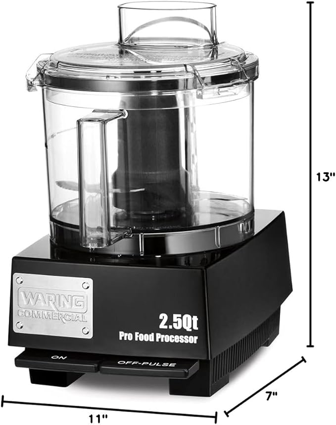 Waring Commercial WFP11SW 2.5 Quart Food Processor, 3/4 HP Motor, Low Profile Design, Patented LiquiLock Seal Bowl System, Includes Whipping Disc and a Standard S blade for Chopping, Pureeing, and Emulsyfying, 120V, 5-15 Phase Plug