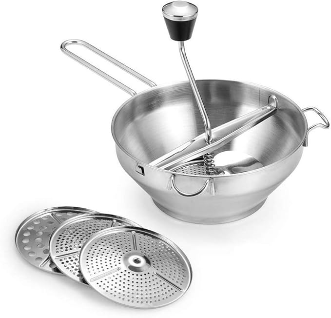 Rotary Food Mill Potato Ricer with 3 Interchangeable Disks, Great for Making Puree or Soups of Vegetables, Baby Foods, Stainless Steel 2 Quart Kitchen Mills, Easy Clean and Assemble, Manual Operati