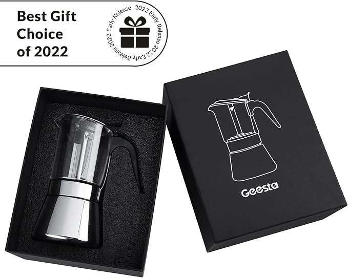 Geesta Premium Crystal Glass-Top Stovetop Espresso Moka Pot - 4/6/ 9 Cups - Stainless Steel Coffee Maker- 160ml/5.6oz/4 cup (espresso cup=40ml)