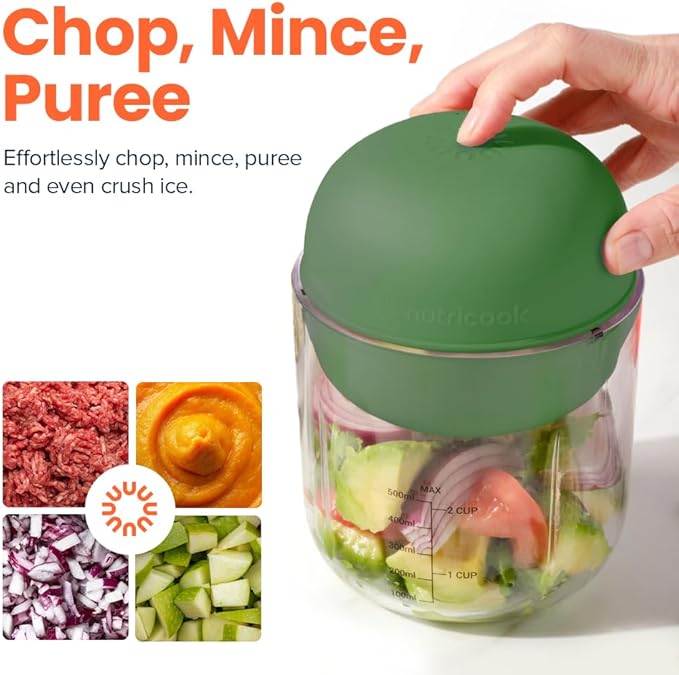 Nutricook Choppi Cordless Electric Vegetable Chopper & Mini Food Processor for Dicing, Shredding, Mincing, and Puree, Portable and Rechargeable, 2-Cup, 500 mL, 4000 mAh Battery, Sage Green