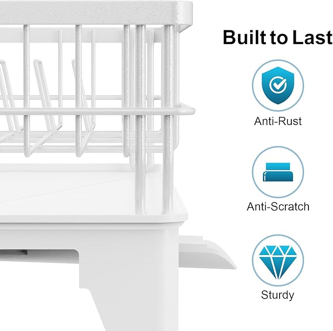 GSlife Expandable Dish Drying Rack for Kitchen Counter, Large Capacity 2-in-1 Rust Resistant Dish Drainer with Swivel Spout and Pull Out Over Sink Extension, 16.7" W x 12.6"-22.4" L, White