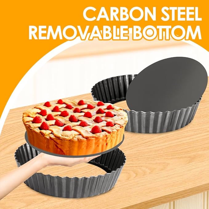 2 Pack 9.5 Inch Tart Pan Pie Pan, Heavy Duty Deep Quiche Pan with Removable Bottom, Nonstick Carbon Steel Deep-dish Round Pie Plate Tin with Oil & Dish Brush