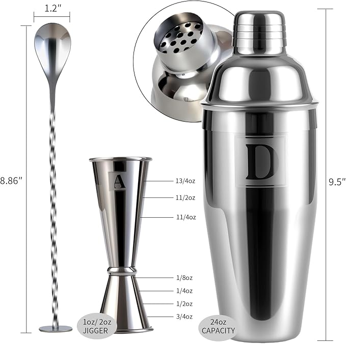 24oz Cocktail Shaker Set with 1 oz 2oz Jigger - Monogramm Initials Martini Shaker Set - 304 Stainless Steel Bar Shaker for Margarita,Mojito-Personalized Gift for Friend,Husband-W