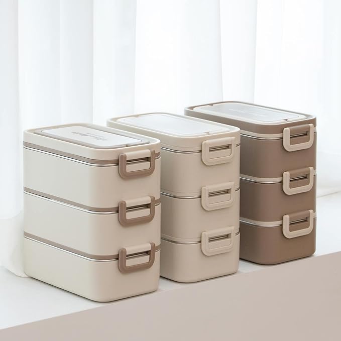 Bento Box Adult Lunch Box, Stackable 3-Layer 304 Stainless Steel for Adults, Office, 3L Capacity, Portable, Soup Bowl, Spoon & Fork, Metal Lunch Box, Tiffin (Brown)
