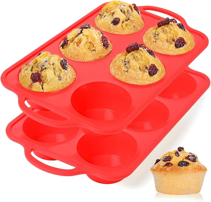 CAKETIME Jumbo Muffin Pan, 3.5 Inch Large Muffin Pan with Metal Reinforced Frame 6 Cup Silicone Jumbo Cupcake Pans for Baking Easy to Handle 2 Pack Red