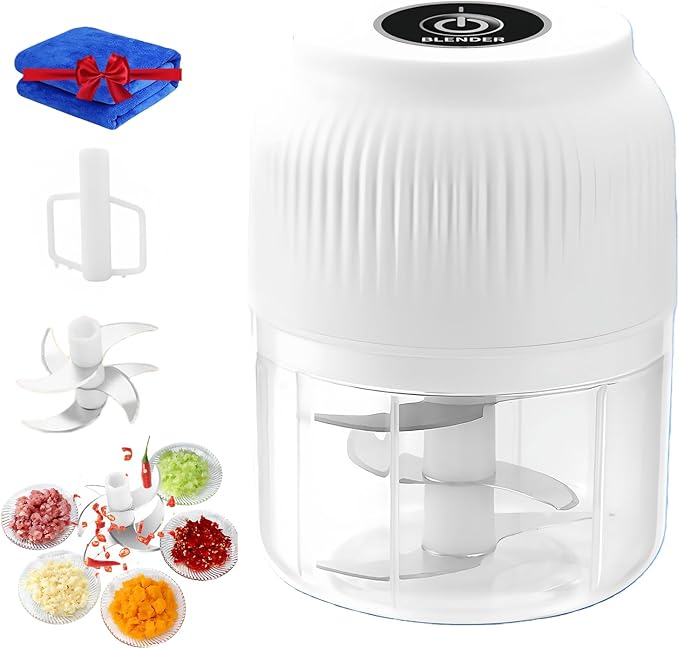 300ML USB Rechargeable Electric Garlic Chopper, Mini Portable Veggie Cutter with Eggbeater&4/6 Knife Heads, Veggie Chopper with Container and Lid, Vegetable Crusher (White B)