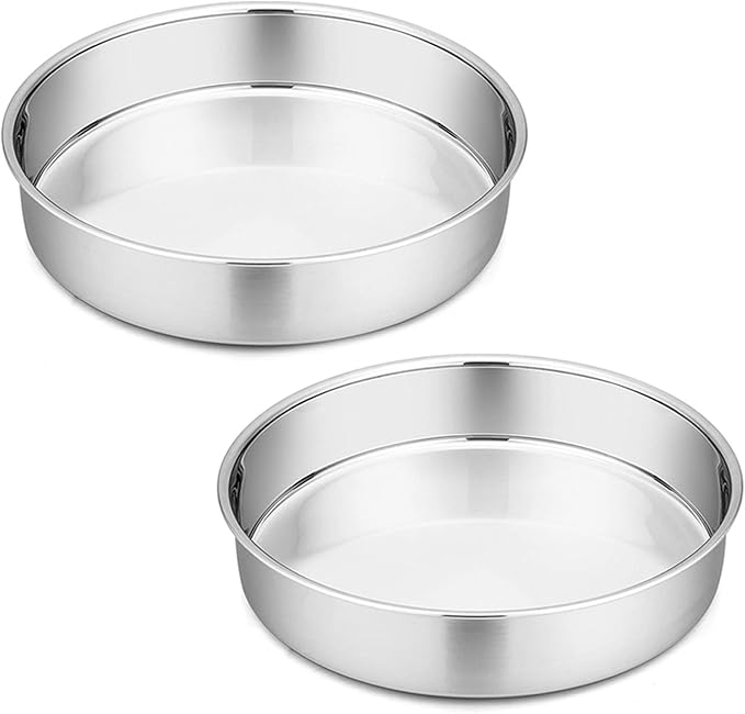 P&P CHEF 9.5 Inch Cake Pan Set of 2, Stainless Steel Round Baking Layer Cake Pans, Non Toxic & Healthy, Leak-proof & Easy Clean, Mirror Finish & Easy Releasing, Oven & Dishwasher Safe