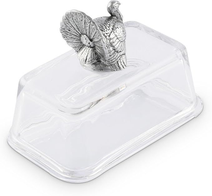 Arthur Court Glass Butter Dish with Lid Turkey Knob | Classic 2-Piece Design Covered Butter Keeper | Covers and Holds a Standard Stick of Butter | Thanksgiving Table