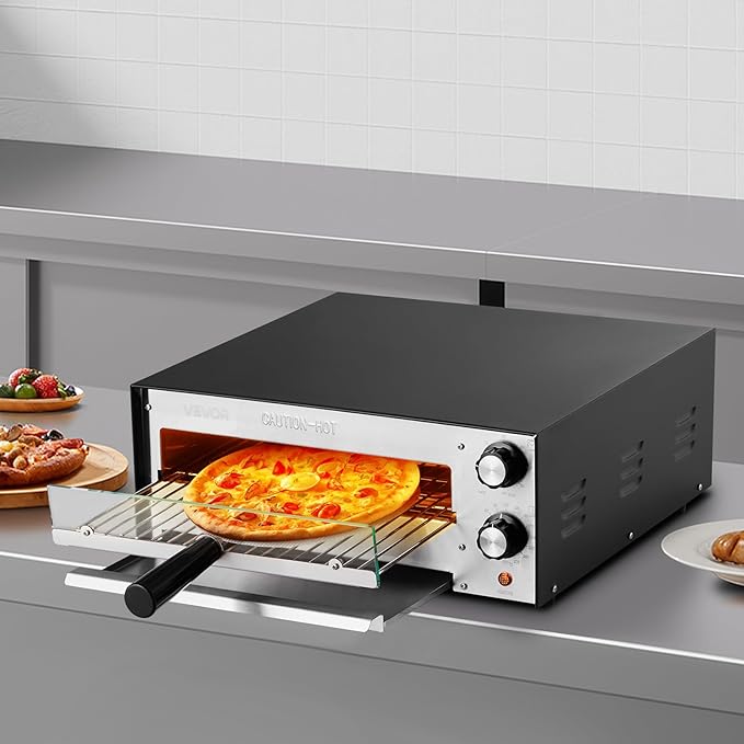 VEVOR Electric Pizza Oven, 12-inch Countertops Pizza Ovens, 572°F Max Temp, 1450W Indoor Pizzas Maker w/Timing & Temp Control, Pizza Cooker w/Dual Heat Tube, Crumb Tray, for Diner and Home Kitchen