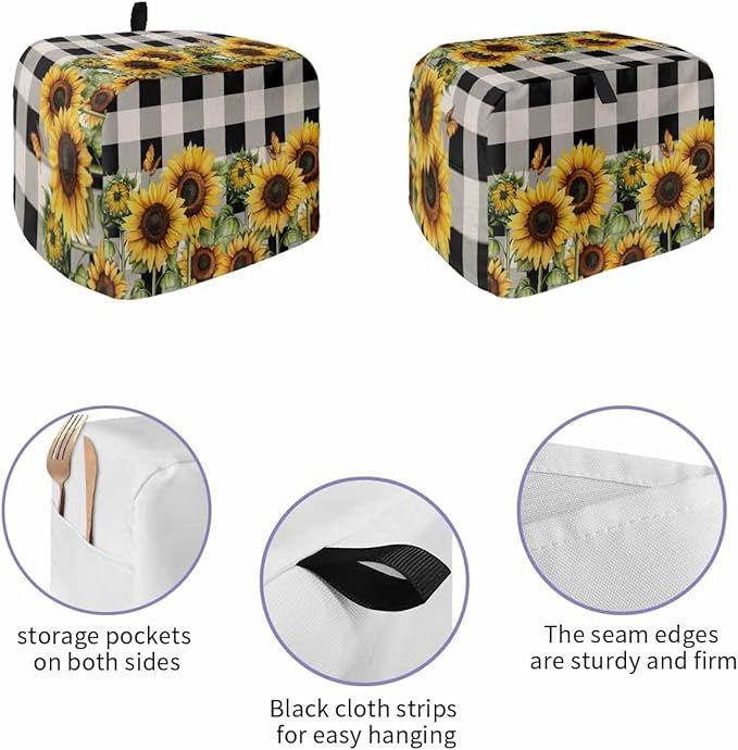Sunflower Checkered Toaster Cover 2 Slice, Black Buffalo Plaid Dustproof Bakeware Oven Protector with Top Hook, Pastoral Flowers Waterproof Small Kitchen Appliance Toasters Dust Cover, 12"x7.5"x8"