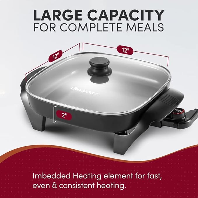 Elite Gourmet 12"x12"x2.15” Ceralast™ PFAS Free Ceramic Electric Skillet, Dishwasher Safe, Rapid Heat Up, 1200W, Dark Grey