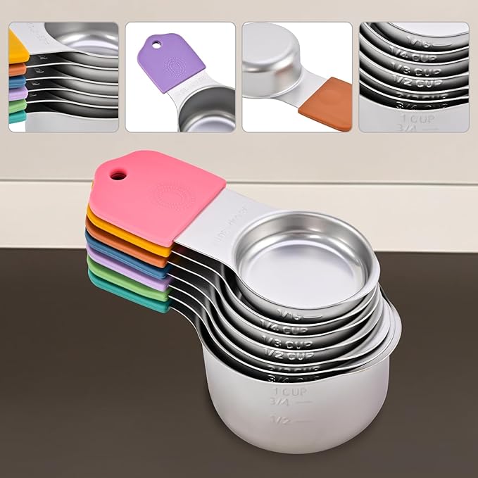 16-Piece Magnetic Measuring Cups and Spoons Set, Stainless Steel with Non-Slip Silicone Handles and Leveler, Essential Kitchen Baking Tools (Multicolor)