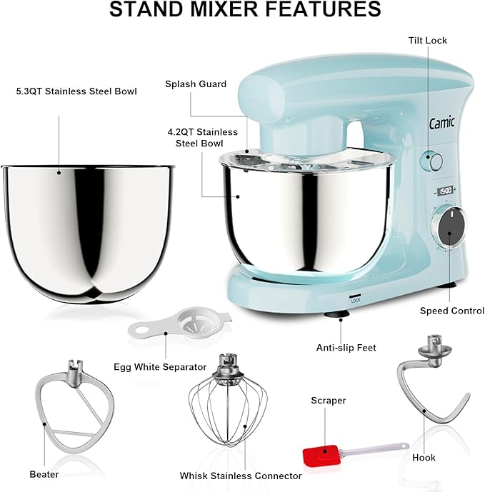 Camic Stand Mixer, 4.2QT+5.3QT Two bowls Electric Food Mixer, 10 Speeds with Digital setting 3-IN-1 Kitchen Mixer for Baking Cakes Cookie Bread Salad with Egg Whisk,Dough Hook,Flat Beater (Blue)
