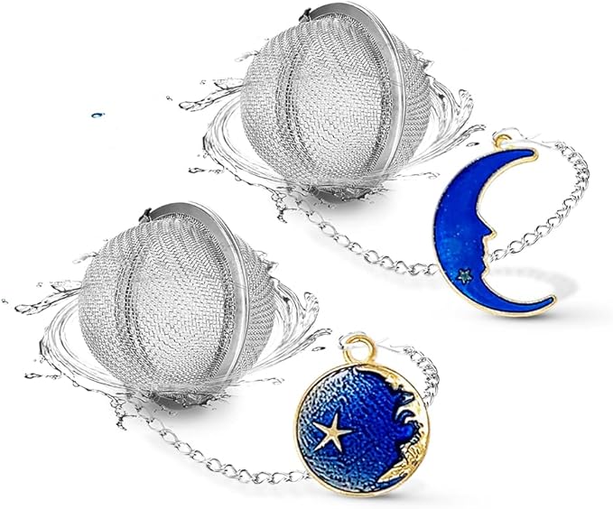 NSTaygate 2pcs Tea Infuser, Tea Strainers for Loose Tea, Gold Plated Enamel Moon Star Celestial Charm Pendant Tea Ball Set Loose Tea Steeper Gifts for Women