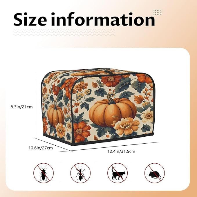 4 Slice Autumn Toaster Cover,Thanksgiving Pumpkin Fall Boho Floral Small Kitchen Appliance Bread Machine Cover with Pockets,Dust & Fingerprint Protection