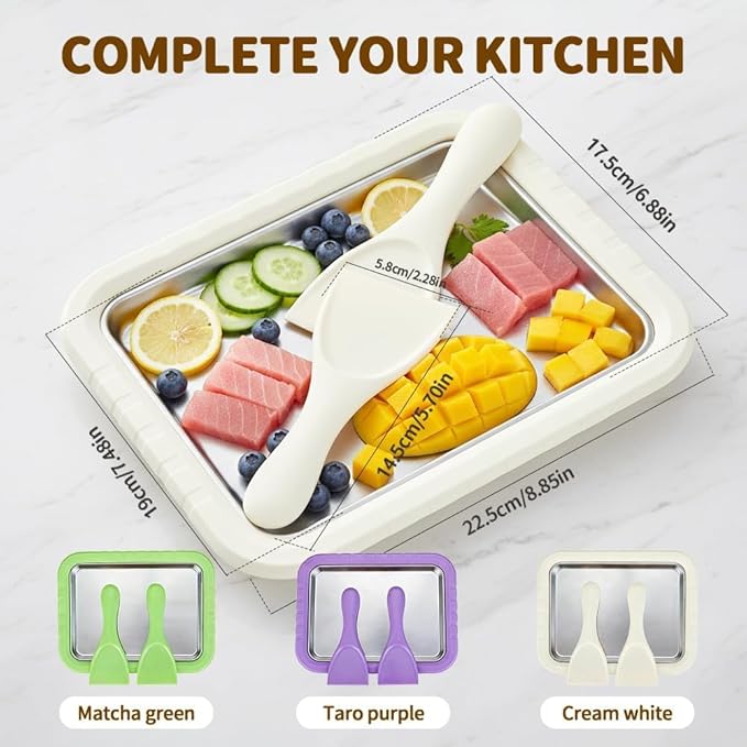 Rolled Ice Cream Maker Tray with Lid and 2 Scrapers, 304 Stainless Steel Ice Cream Roll Pan, 10.2 x 8.3 x 1.3 Inch Manual Instant Frozen Dessert Maker for DIY Ice Cream, Yogurt, Sorbet, Family Fun