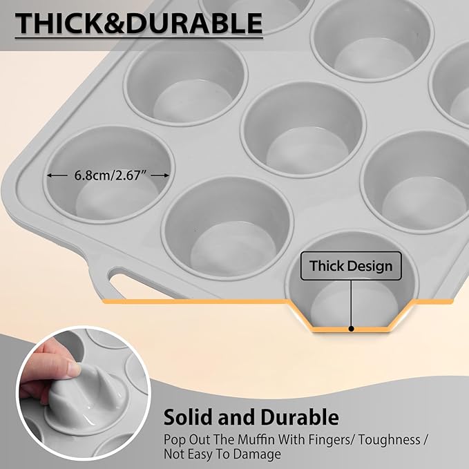 3Pcs Silicone Muffin Pan 6, 12 and 24 Cup with Metal Frame, Non Stick Jumbo Cupcake Pan with Handles, BPA Free Silicon Mini Muffin Tin Regular Tray For Baking,Egg Bites,Mold Light Grey