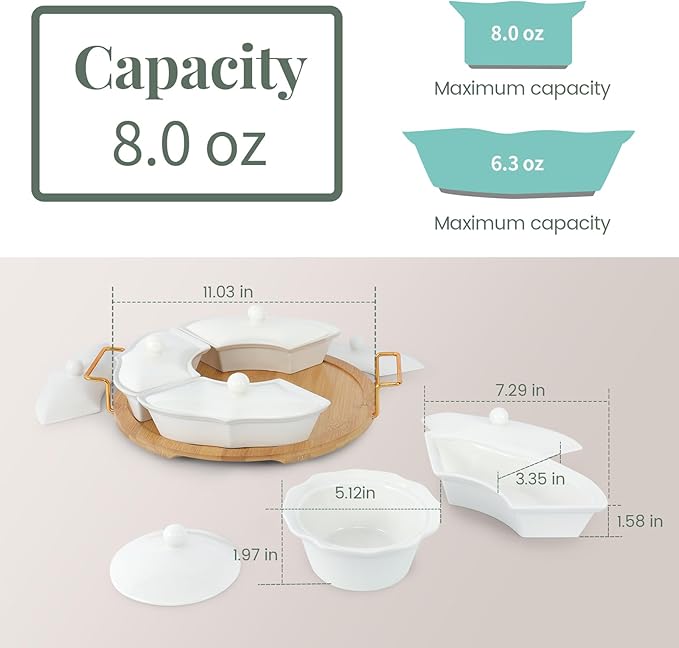 PLAPITATE Party Serving Trays and Platters, Ceramic Lazy Susan Serving Tray with Divided Sections Appetizer Rotating Serving Tray for Fruits, Veggies, Chips and Dip Serving Set