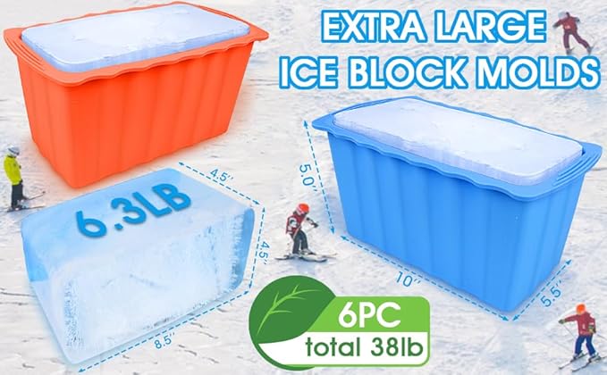 Haldane 6PCLarge Ice Cube Molds 38LB Ice Bath Water Chiller Giant Ice Block Molds Silicone Ice Block Maker For Home, Thicker Big Ice Cube Tray Reusable Athletes Cold Plunge Accessories,Blue+Orange