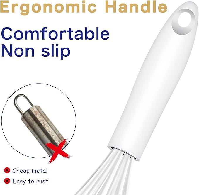 White Silicone Whisk, Sealed Waterproof Design Set of 3, Professional Kitchen Whisks for Cooking Non-Scratch, Silicone&Stainless Steel Whisk, Heat Resistant 480°F Rubber wisk, BPA free