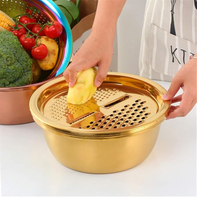 3-In-1 Multifunctional Grater Basin Colander Strainer Set, Mingcheng Stainless Steel Kitchen Drain Basket/Bottom Basin for Washing Rice, Fruits, Vegetable, Grater with Container (Gold)