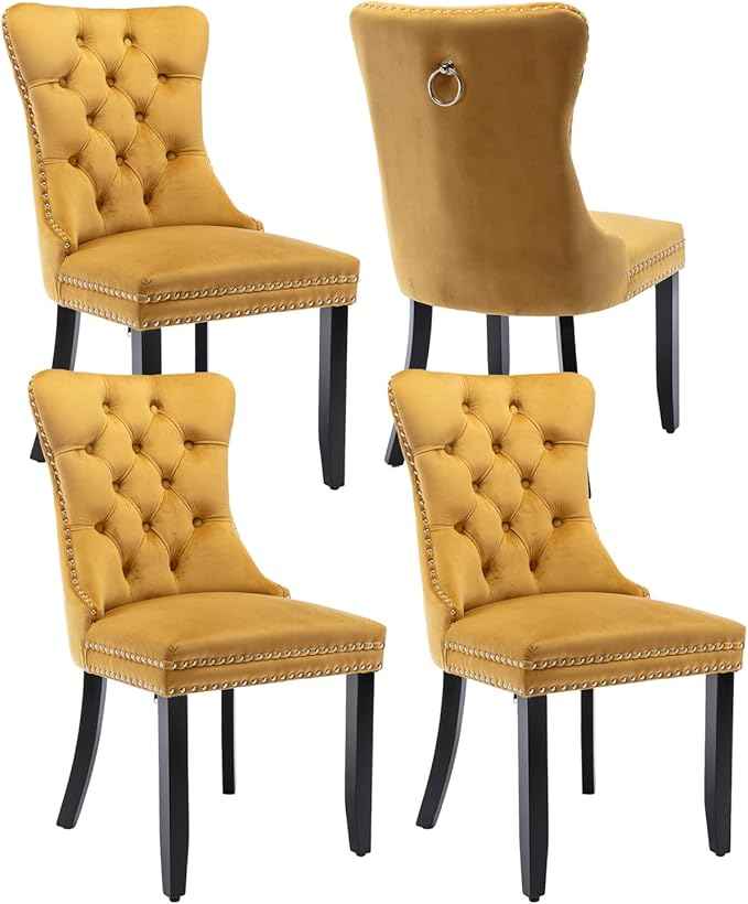 Velvet Dining Chairs Set of 4, Upholstered Dining Room Chairs with Back Ring Pull Trim and Solid Wood Legs,Tufted Wingback Kitchen Chair Perfect for Dining Room,Living Room,Kitchen(Gold)