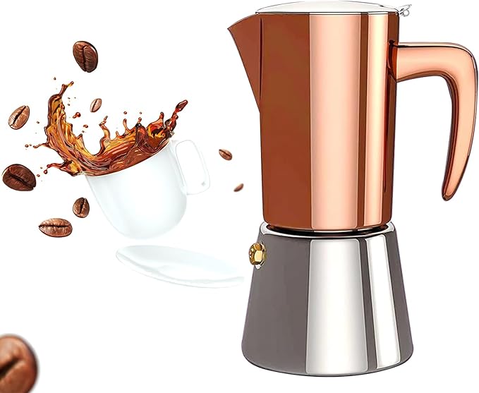 Stainless Steel Moka Pot Espresso Maker 6 Cups (10oz/300ml) - Italian Stovetop Coffee Maker for Gas & Induction Cooktops, Camping & Home Use, Durable Coffee Pot, Brown