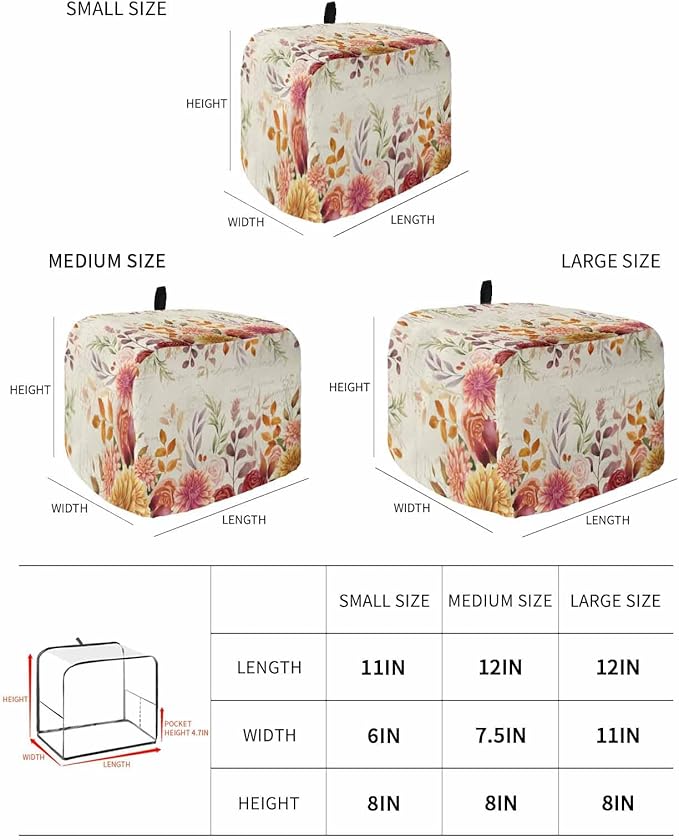 Red Orange Floral Fall Toaster Cover 2 Slice, Thanksgiving Eucalyptus Leaves Dustproof Bakeware Oven Protector with Top Hook, Rustic Waterproof Small Kitchen Appliance Toasters Dust Cover, 11"x6"x8"
