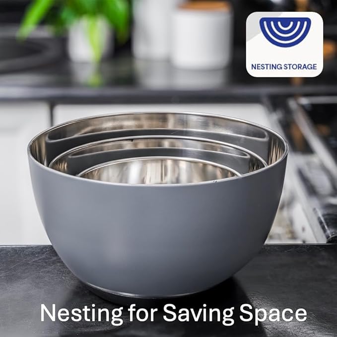 WHYSKO® Stainless Steel Mixing Bowls (Set of 3) with Non-Slip Silicone Base for Kitchen, Dishwasher Safe Bowls for Meal Prep, Cooking, Baking, Serving, Food Storage (Grey)