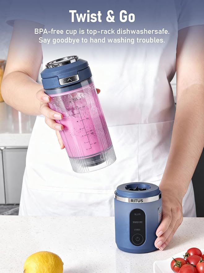 RITUS VORTEX Pro Portable Blender,Personal Blender w/Removable Vessel-for-Smoothies Blend Ice Crush 3 Programs,Cordless 20oz BPA Free Vessel Magnetic-Ring Dishwasher Safe, Leakproof，Navy