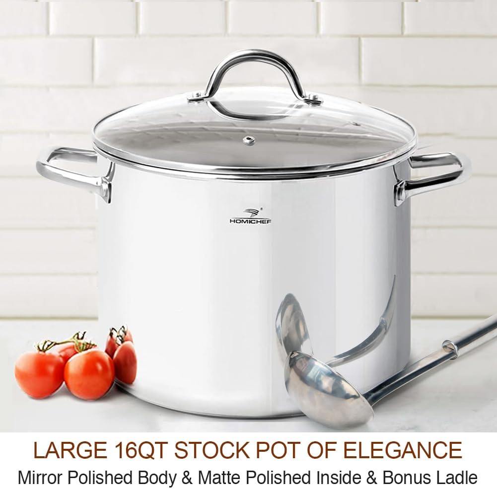 HOMICHEF 16 Quart LARGE Stock Pot with Glass Lid - NICKEL FREE Stainless Steel Healthy Cookware Stockpots with Lids 16 Quart - Mirror Polished Induction Pot - Commercial Grade Soup Pot