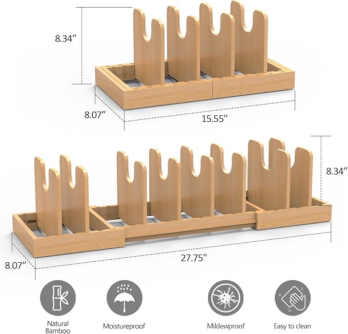 Pots and Pans Organizer Under Cabinet, Expandable Pot Lid Organizer, Bamboo Pan Organizer, Pot and Pan Organizer Rack for Kitchen Countertop or inside Cabinet