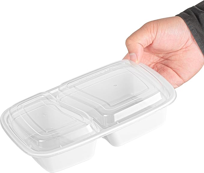 Restaurantware Asporto 32 Ounce Compartment Take Out Boxes 100 Microwavable Meal Prep Containers - 2 Compartments With Clear Plastic Lids White Plastic Food Containers Do Not Contain BPA