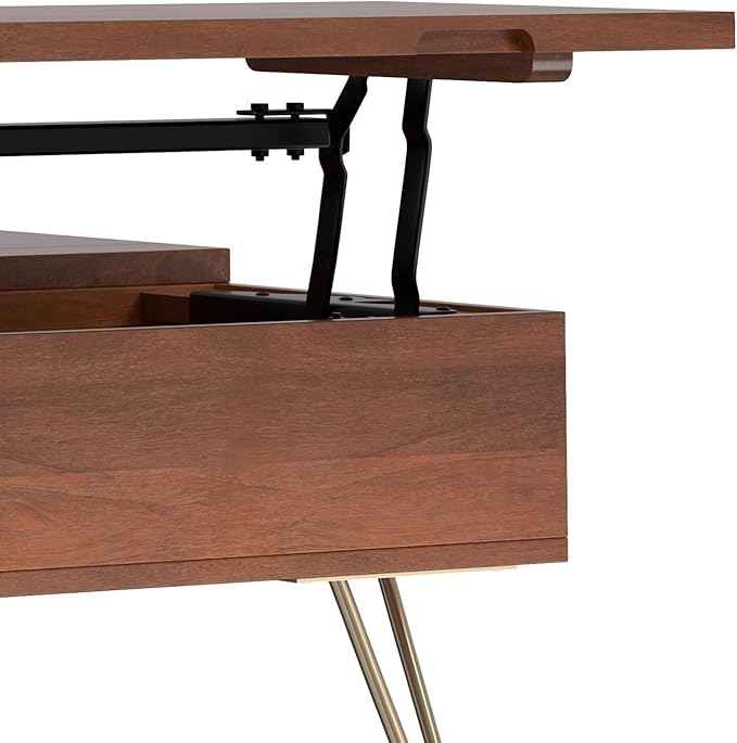 SIMPLIHOME Hunter Lift Top Coffee Table - 32 inch Wide Solid Mango Wood Industrial Square Cocktail Table in Umber Brown, Living Room Table with Dual Lift Tops, Hidden Storage and Gold Hairpin Legs