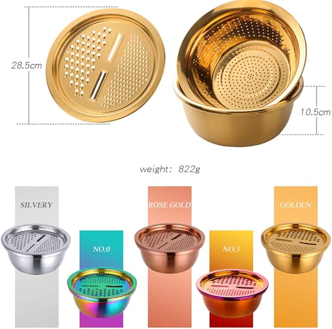 3-In-1 Multifunctional Grater Basin Colander Strainer Set, Mingcheng Stainless Steel Kitchen Grater/Drain Basket/Bottom Basin for Washing Rice, Fruits, Vegetable, Grater with Container (Rose Gold)