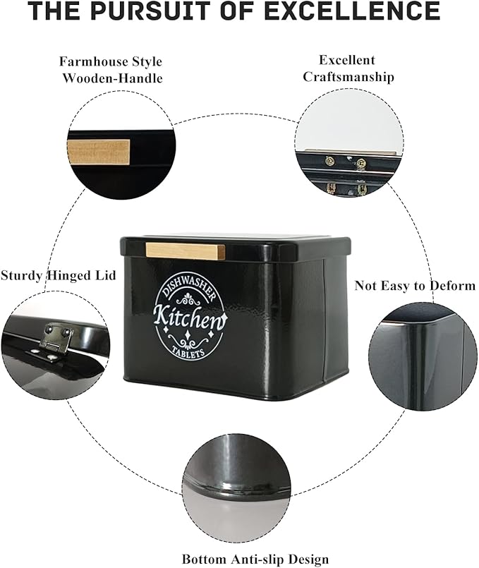 Dishwasher Pod Container with Hinged Lid. Farmhouse Metal Dishwaser Pods Holder for Kitchen Cabinet Organizer. Modern Kitchen Decor and Accessories. Dishwasher Detergent Tablet Storage (Black)