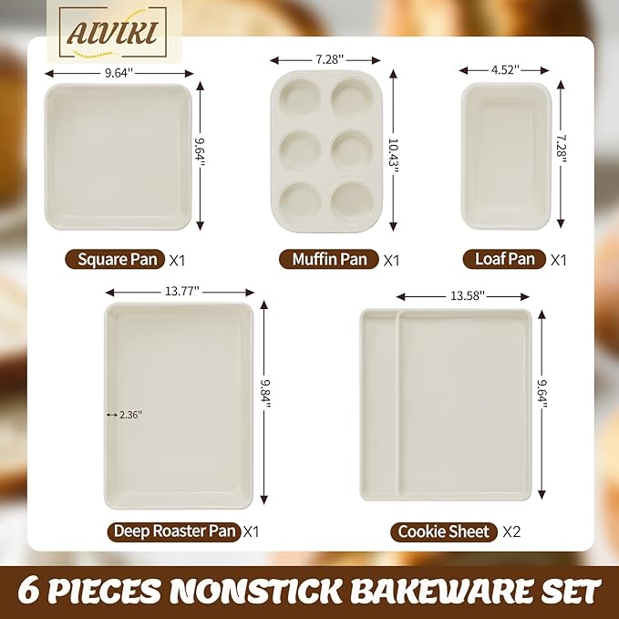 Baking Pans Set, Nonstick Bakeware Sets, Oven Pans for Cooking, AIVIKI 6 Pieces Baking Set Including Cookie Sheet, Deep Roaster Pan, Square Pan, Loaf Pan, Muffin Pan, Carbon Steel Baking Set
