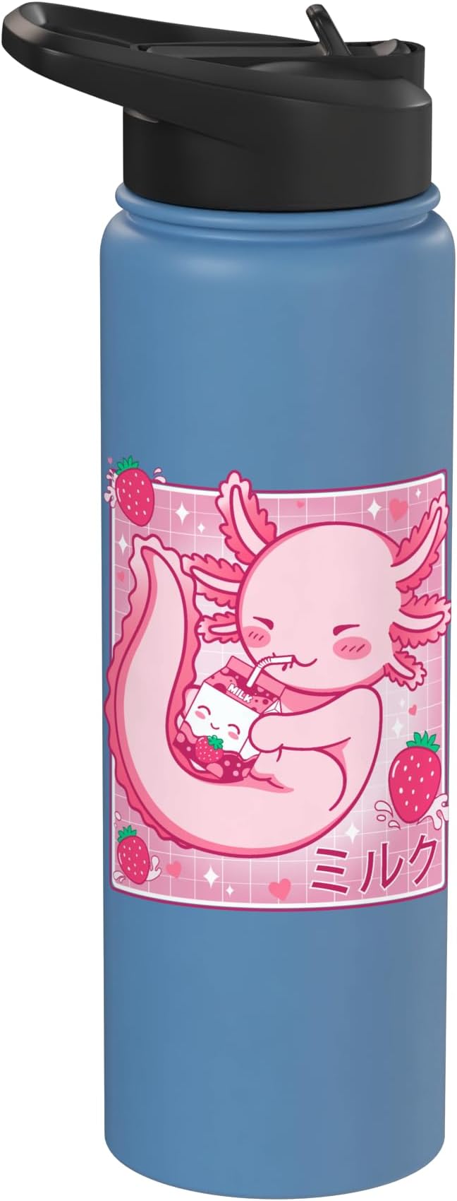 Kawaii Axolotl Strawberry Milk Shake Carton Japanese Anime Stainless Steel Insulated Water Bottle
