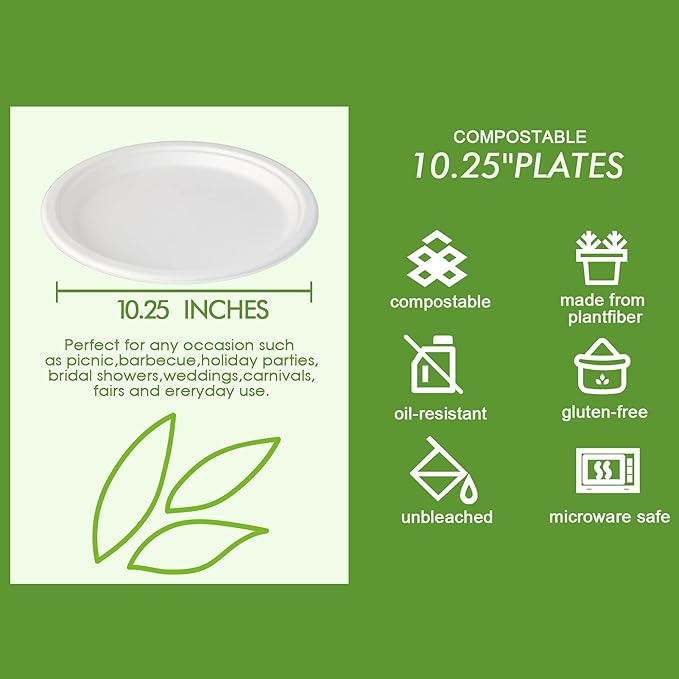 Vplus 500 Pack Compostable Disposable Paper Plates 10.25 inch Super Strong Paper Plates 100% Bagasse Natural Biodegradable Eco-Friendly Sugarcane (white)