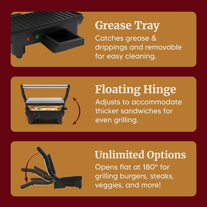 Elite Gourmet EPN-2976 2-in-1 Nonstick Panini Press & Indoor Grill, Opens 180-Degree Gourmet Sandwich Maker, Floating Hinge Fits All Foods, Contact Grill with Removable Grease Tray, Stainless Steel