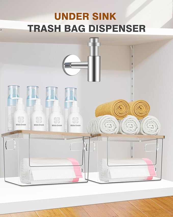 Trash Bag Dispenser 2 Pack, Acrylic Garbage Bags Dispenser with Bamboo Top, Extra Large Trash Bag Holder Dispensers Under Sink for Kitchen, Cabinet, Laundry Room, Pantry Organizer and Storage
