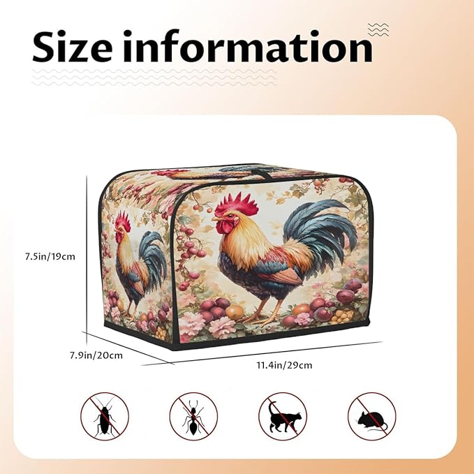 Rooster Flower Animal Toaster Cover 2 Slice Dust and Fingerprint Protection Toaster Bread Maker Covers Washable Kitchen Small Appliance Covers for Kitchen Accessories Decor Bakeware Women Gift