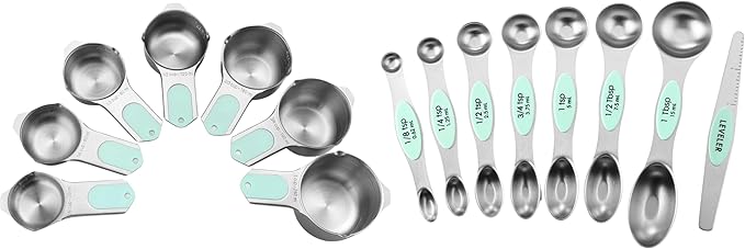 Spring Chef Stainless Steel Magnetic Measuring Cups, Set of 7 & Magnetic Measuring Spoons, Set of 8 with Leveler - 2 Product Bundle - Mint