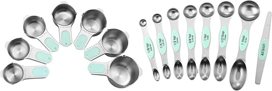 Spring Chef Stainless Steel Magnetic Measuring Cups, Set of 7 & Magnetic Measuring Spoons, Set of 8 with Leveler - 2 Product Bundle - Mint