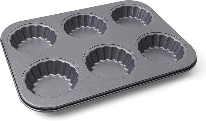 Mini Tart Pan, 2.75" Egg Tart Molds 6-Cavity Non Stick Fluted Mini Tart Mould, Reusable Quiche Bakeware Carbon Steel for Pies, Quiche, Cheese Cakes, Desserts(Not Included Cutting Mold)