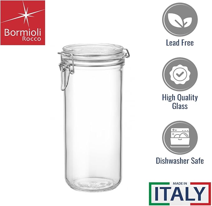 Bormioli Rocco Fido Cylinder 33.75 oz Airtight Glass Canister (Set of 2) - BPA Free Ingredient Storage Jar - Ideal for Fermentation, Pantry Organization, Canning, Kitchen Essentials - Dishwasher Safe