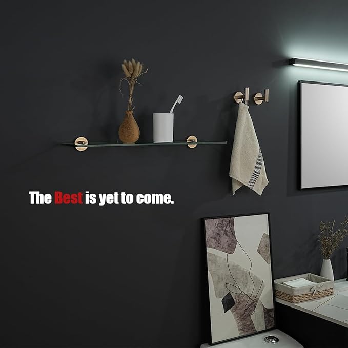 JQK Bathroom Glass Shelf, Tempered Glass Shower Storage 24 by 5 inches, 304 Stainless Steel Champagne Bronze Wall Mount, TGS101L24-CB