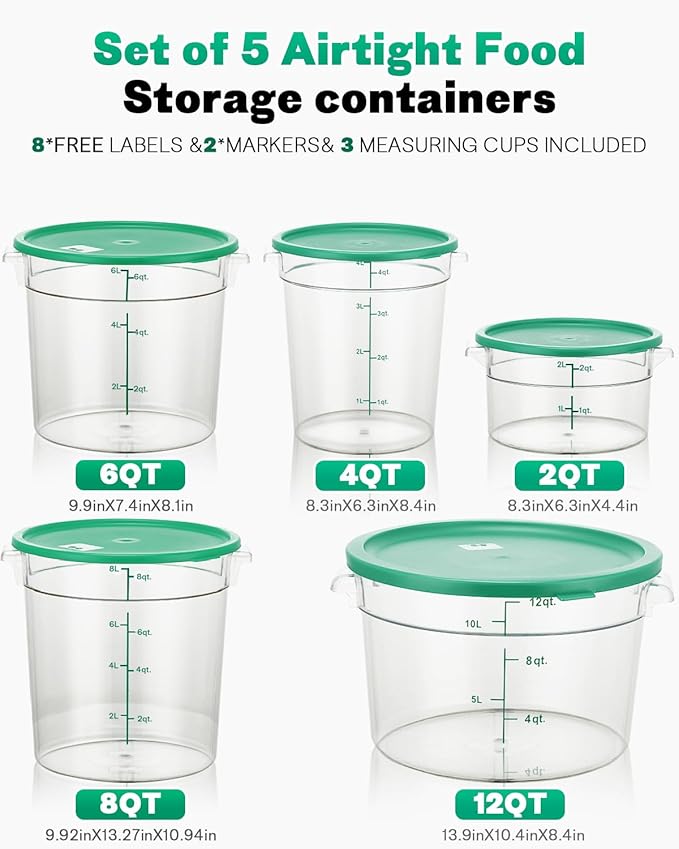 4QT NSF Round Food Storage Containers with Lids: 4 PCS [Total Food Grade][Hot&Cold Resistant] Dough Proofing Container for Pizza, Bread with Measuring Spoons Included(BPA FREE) (GREEN)