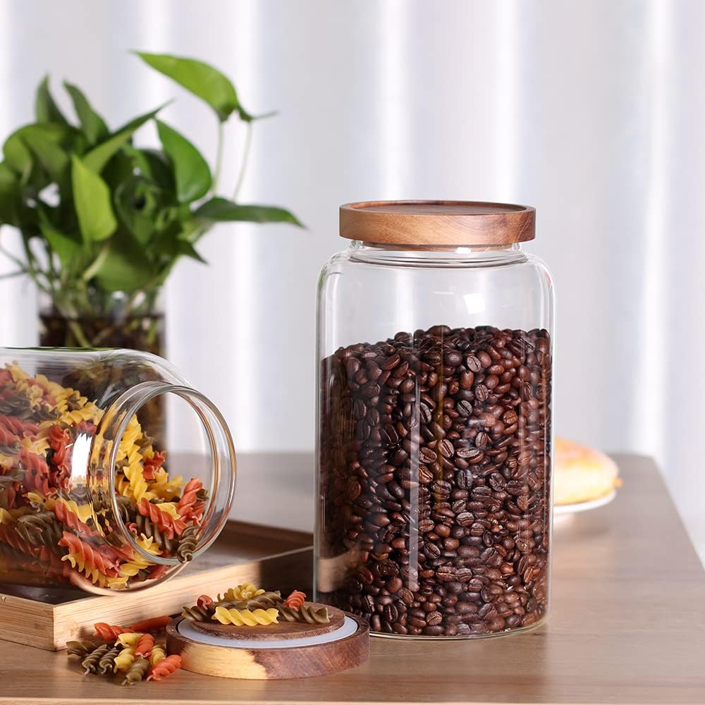 Large Glass Food Canisters, 93 FL OZ(2750ml) Kitchen Serving Stoarge Container with Airtight Wooden Lids, Cereal Dispenser Jars for Spaghetti Pasta, Powder, Spice, Tea, Coffee(8.8inch high)