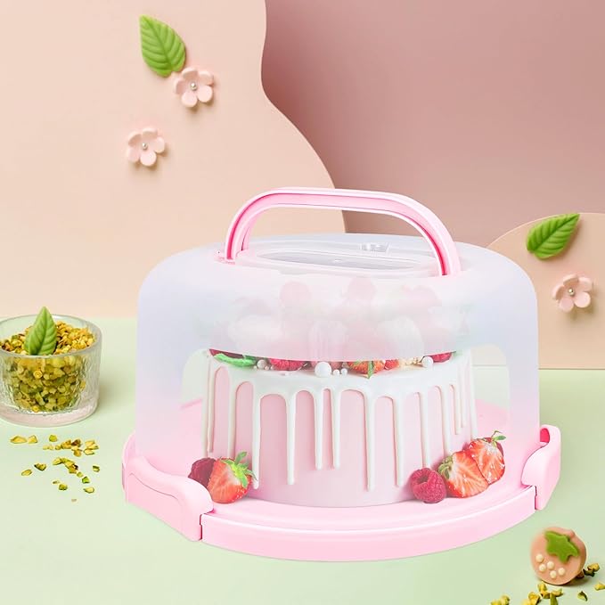 Cake Carrier with Lid and Handle, Fit 10’’ Cake Stand with Lid, Cake Transport Storage Container, Cake Containers Cover Stand with Lids, 3 Secure Side Closures (Pink)